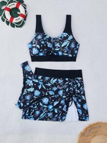 SHEIN Set de 3 atuendos de playa para mujer: Top con cordón estampado con plantas de diseño aleatorio, pantalones negros de corte alto con falda con estampado aleatorio y cordón, elegante conjunto de bikini - Multicolor - Ver 3