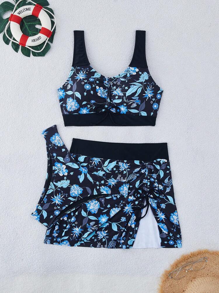 SHEIN 3pcs/Set Women Beach Outfits: Plant Random Print Drawstring Top, All Black High-Cut Pants With Random Print Drawstring Skirt, Elegant Bikini Set For Summer Beach Vacation - Multicolor - View 3