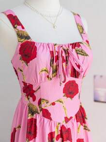 Soleia Vestido largo con tirantes anchos, estampado floral y nudo frontal en estilo vintage casual para mujer, para la primavera - Rosa - Ver 6