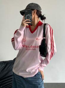 Flirla Ladies' Valentine's Day Contrasting Letter Print Activewear Pink Long Sleeve T-Shirt Fall Cloth For Women - Pink - View 4