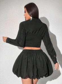 Viva Relle Plus Size Sexy Solid Deep V-Neck Cinched Waist Blouse And Ruched Mini Skirt 2 Pieces Set Fall Cloth For Women - Black - View 2