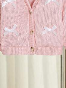 SHEIN Elladie kids V-Neck Cardigan For Baby Girls, Solid Color, Bow Decor, Long Sleeve, Button Front, Knitted Sweater Jacket, Spring/Autumn - Baby Pink - View 7
