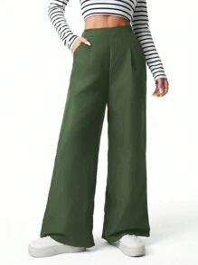SHEIN Explorewe Loose Waist Pleated Wide Leg Green Pants For Teen Girls, Casual Fit, Suitable For Spring, Summer, Autumn, Winter, Versatile And Practical Design - Army Green - View 8
