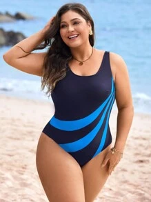 Swim Lushoire Traje de baño de una pieza con diseño minimalista y geométrico para tallas grandes, perfecto para vacaciones de verano en la playa