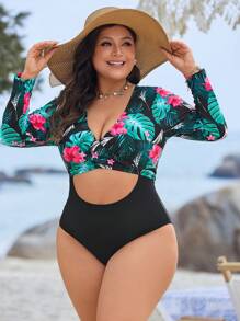 Swim SPRTY 大码热带植物印花长袖修身连体衣，适合夏季海滩度假