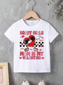 SHEIN Explorewe Toddler Boys Casual Stylish Creative Checkerboard Heart Graphic Slogan Print Short Sleeve T-Shirt - White - View 3