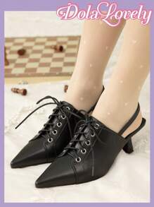 Dola Lovely Women's Spring/Summer New Lace-Up Plain Pointed Toe Cup Heel High Heel Shoes, Sweet Unique Design, Elegant Black Backless High Heels, Vintage Sophisticated Outfit Valentine's Day - Black - View 4