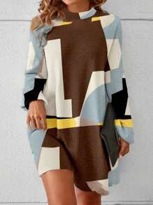 SHEIN LUNE 大码女式立领几何拼接长袖优雅迷你连衣裙