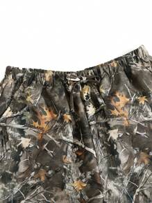 SHEIN EZwear 2 buc/Set femei, negru, tricotat cu nervuri, cu guler, cu mâneci lungi și cu imprimeu Camo, cu talie elastică, pantaloni lați, îmbrăcăminte confortabilă pentru toamnă/iarnă