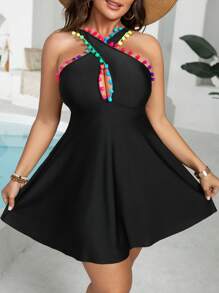 Swim Lushoire Plus Size Crossover Front Pom Pom Trim Adjustable Strap Tankini Swimwear, For Summer Beach Vacation - Black - View 5
