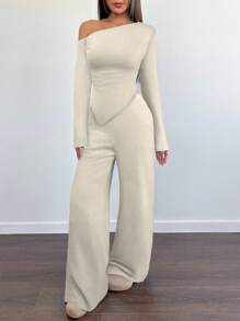 SHEIN Unity 2 件套女士冬季休闲毛绒面料不对称肩 T 恤 + 阔腿低腰裤套装 - 杏色 - 查看 6