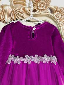 SHEIN Elladie kids Ramadan Partywear Mesh Dress, Baby Girl Luxury Velvet Mesh Patchwork Princess Dress - Violet Purple - View 5
