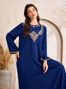 Al Najma 女式宽松圆领长袖阿拉伯风格休闲连衣裙，带装饰