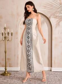 Al Najma 2 件套女士套装：保守长款纯色长袍和几何印花连衣裙 - 杏色 - 查看 6