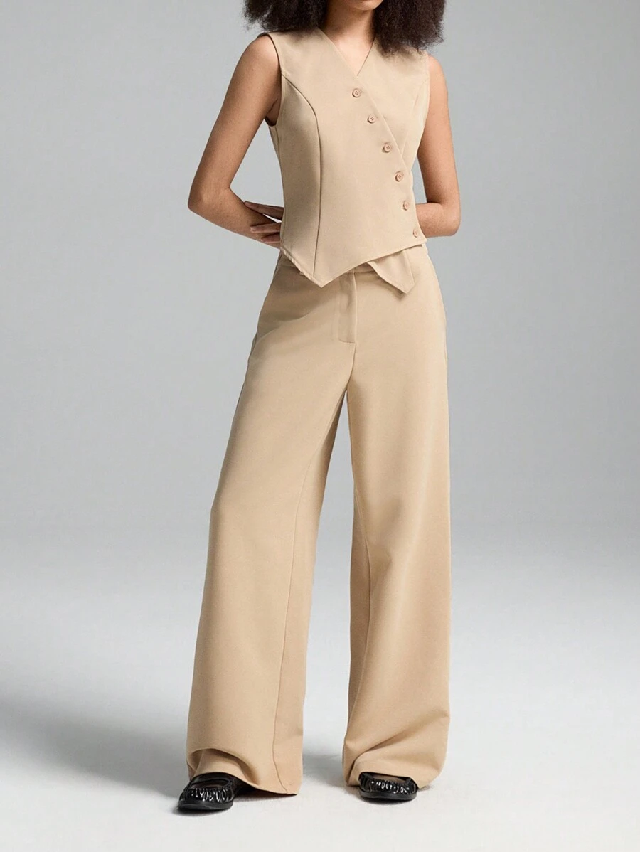 LYSMO Asymmetrical Beige Blazer Suit Set - Spring/Summer. - Apricot - View 1