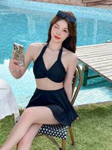 DAZY 3-Piece Elegant Black Swimwear For Women,Backless Triangle Skirt Tankini Bathing Suit,Summer Beach Holiday Vacation Solid Color Swimsuit - Black - View 1