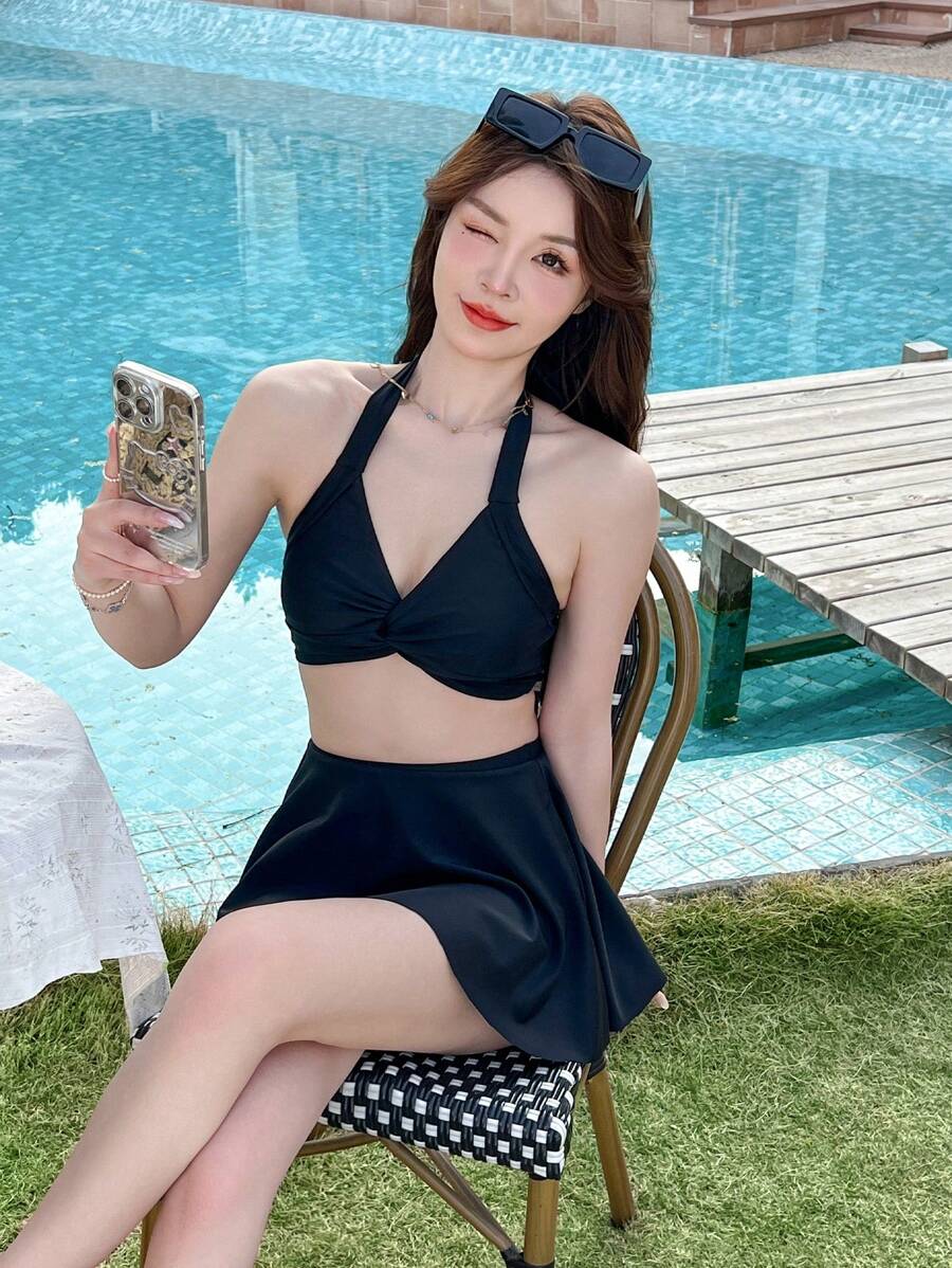 DAZY 3-Piece Elegant Black Swimwear For Women,Backless Triangle Skirt Tankini Bathing Suit,Summer Beach Holiday Vacation Solid Color Swimsuit - Black - View 1
