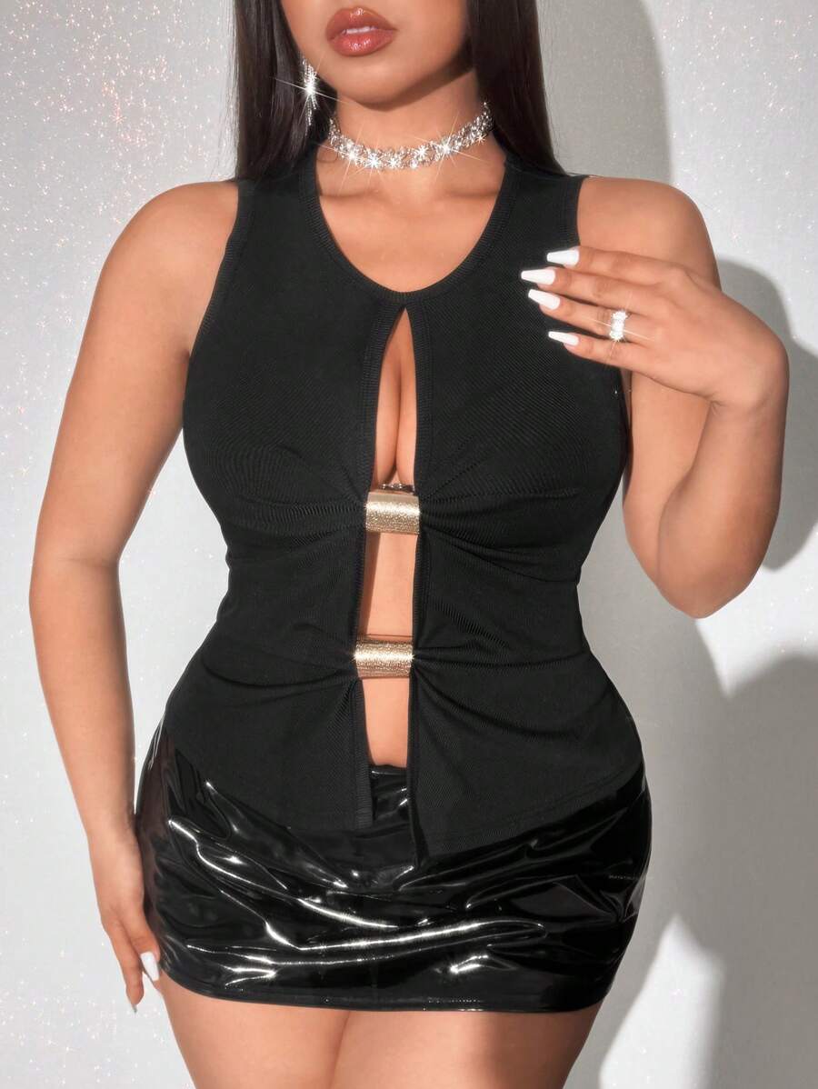 Viva Relle Plus Size Solid Color Twist Front Camisole Top, Casual & Minimalist For Everyday Wear - Black - View 1