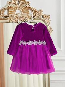 SHEIN Elladie kids Ramadan Partywear Mesh Dress, Baby Girl Luxury Velvet Mesh Patchwork Princess Dress - Violet Purple - View 2