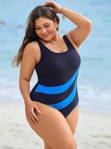 Swim Lushoire Traje de baño de una pieza con diseño minimalista y geométrico para tallas grandes, perfecto para vacaciones de verano en la playa