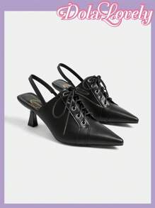 Dola Lovely Women's Spring/Summer New Lace-Up Plain Pointed Toe Cup Heel High Heel Shoes, Sweet Unique Design, Elegant Black Backless High Heels, Vintage Sophisticated Outfit Valentine's Day - Black - View 9
