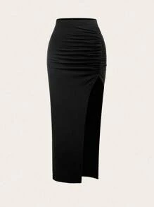 Sweetra Women's Elastic Waist Pleated Side Slit Hem Long Skirt, Fashion Fall Cloth For Women - Multicolor - View 3