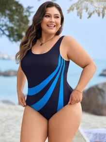 Swim Lushoire Traje de baño de una pieza con diseño minimalista y geométrico para tallas grandes, perfecto para vacaciones de verano en la playa