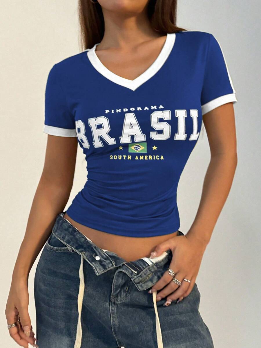 StreetHx 女士休闲运动 V 领巴西撞色短袖 T 恤图案 T 恤女式上衣 - 藍白色 - 查看 1