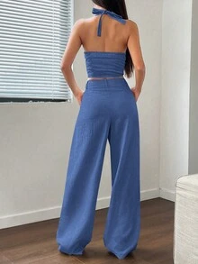 Flirla 2 pièces/Set Gilet à attaches et Pantalon droit décontracté - Bleu ciel - Voir 2