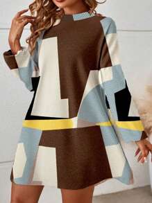 SHEIN LUNE 大码女式立领几何拼接长袖优雅迷你连衣裙