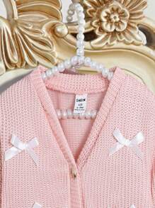 SHEIN Elladie kids V-Neck Cardigan For Baby Girls, Solid Color, Bow Decor, Long Sleeve, Button Front, Knitted Sweater Jacket, Spring/Autumn - Baby Pink - View 3