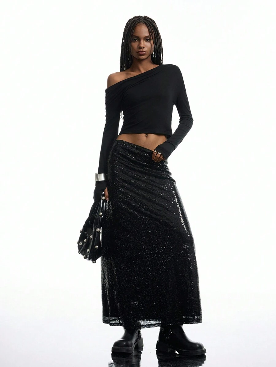 LYSMO Falda negra con lentejuelas - Moda sencilla de primavera/verano para uso diario casual - Negro - Ver 1