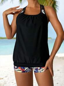 Swim Lushoire Summer 2pcs/Set Women Plant Print Random Color Conservative Tummy Control Brief Tankini With Tankini Swimwear