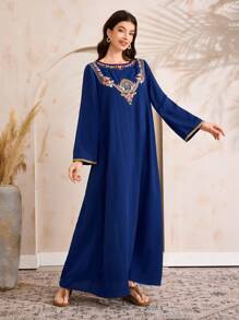 Al Najma 女式宽松圆领长袖阿拉伯风格休闲连衣裙，带装饰