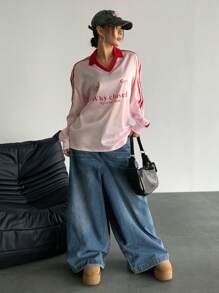 Flirla Ladies' Valentine's Day Contrasting Letter Print Activewear Pink Long Sleeve T-Shirt Fall Cloth For Women - Pink - View 2