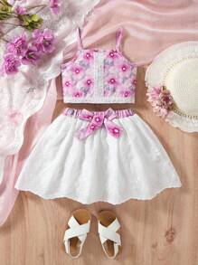 Baby Girls' Sleeveless Floral Print Tank Top & A-Line Bowknot Skirt 2 Pieces Set, Summer - White - View 2