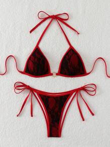 SHEIN Swim Summer Women's Halter Tie Back Bikini Top And Bottom Bikini Set - Black - View 3