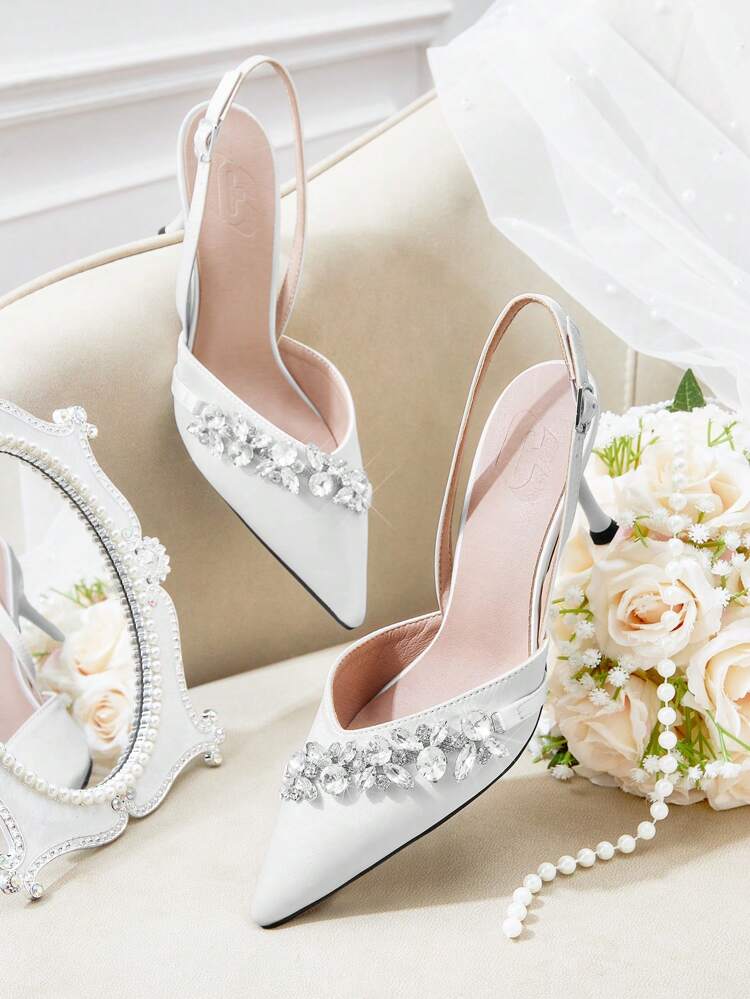 CUCCOO HITCHD Collier chaîne de strass élégant, escarpins à talons hauts de mariée, stilettos à bout pointu, chaussures de mariage en satin blanc ajouré pour la mariée et la demoiselle d'honneur, Jour de la Saint-Valentin