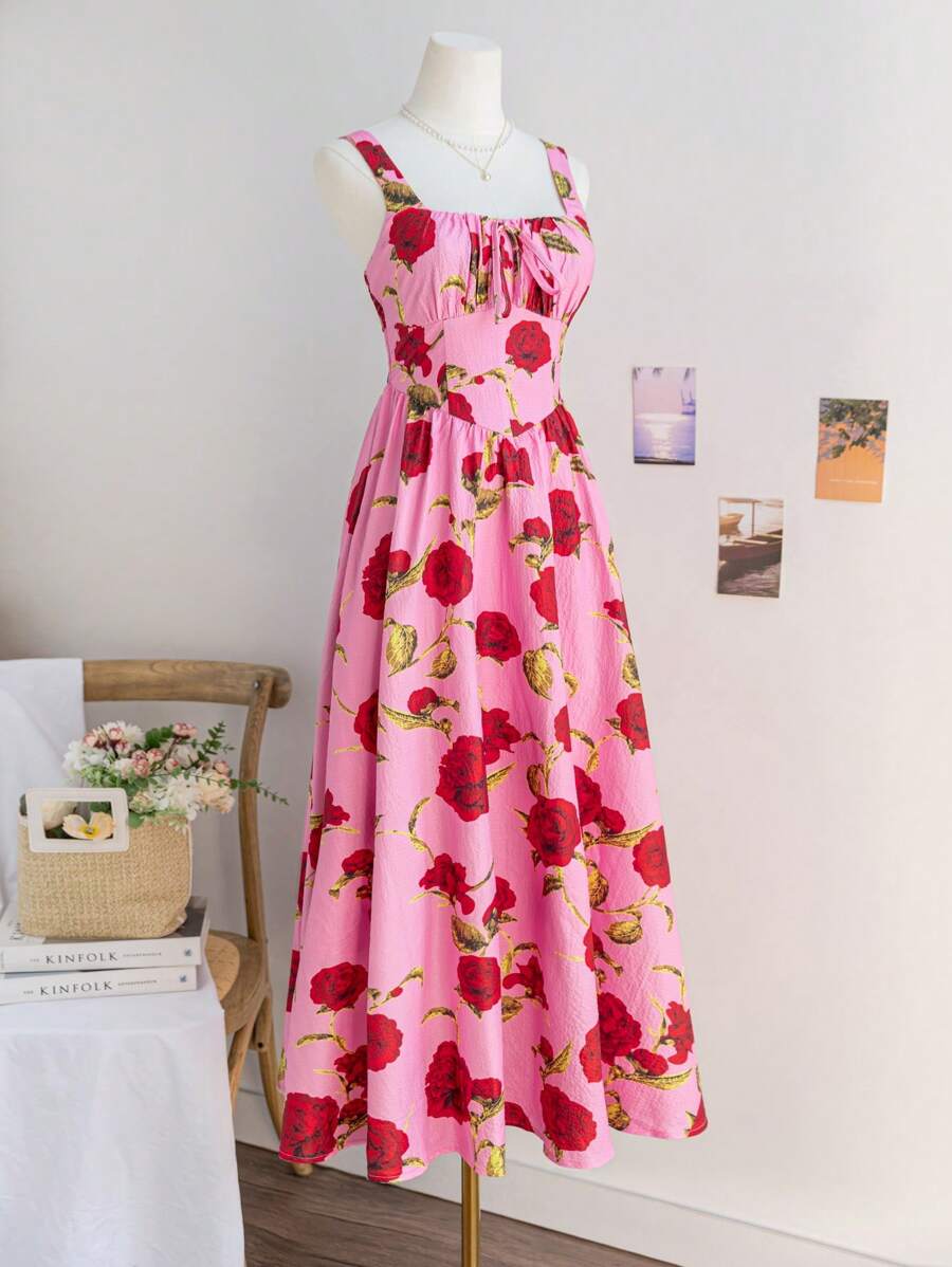 Soleia Vestido largo con tirantes anchos, estampado floral y nudo frontal en estilo vintage casual para mujer, para la primavera - Rosa - Ver 1
