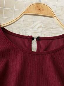 SHEIN LUNE Women Plus Size Solid Color Round Neck Decorative Double Layer Flutter Sleeve Long Sleeve Blouse - Burgundy - View 5