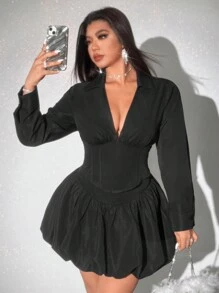 Viva Relle Plus Size Sexy Solid Deep V-Neck Cinched Waist Blouse And Ruched Mini Skirt 2 Pieces Set Fall Cloth For Women - Black - View 4