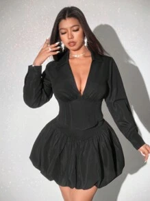 Viva Relle Plus Size Sexy Solid Deep V-Neck Cinched Waist Blouse And Ruched Mini Skirt 2 Pieces Set Fall Cloth For Women - Black - View 6