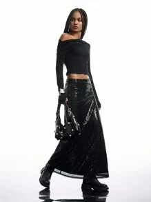 LYSMO Falda negra con lentejuelas - Moda sencilla de primavera/verano para uso diario casual - Negro - Ver 4