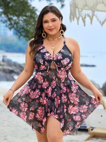 Swim Lushoire 大码经典度假热带叶印花比基尼上衣，适合夏季海滩度假