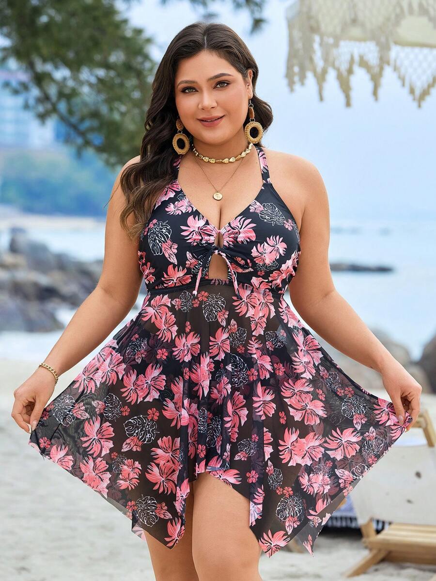 Swim Lushoire 大码经典度假热带叶印花比基尼上衣，适合夏季海滩度假