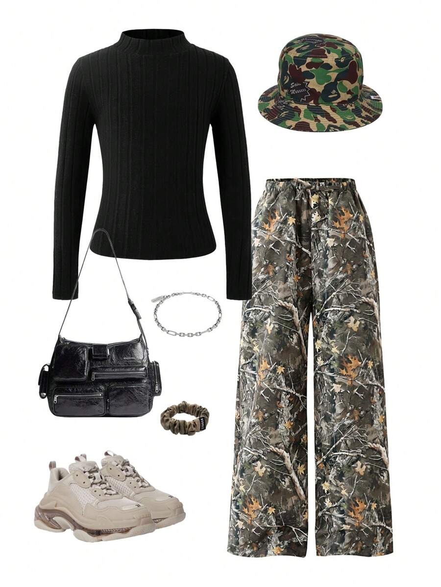 SHEIN EZwear 2 件套女士纯黑色罗纹针织立领长袖上衣和迷彩印花松紧腰阔腿裤，秋冬季舒适休闲装 - 黑色 - 查看 1