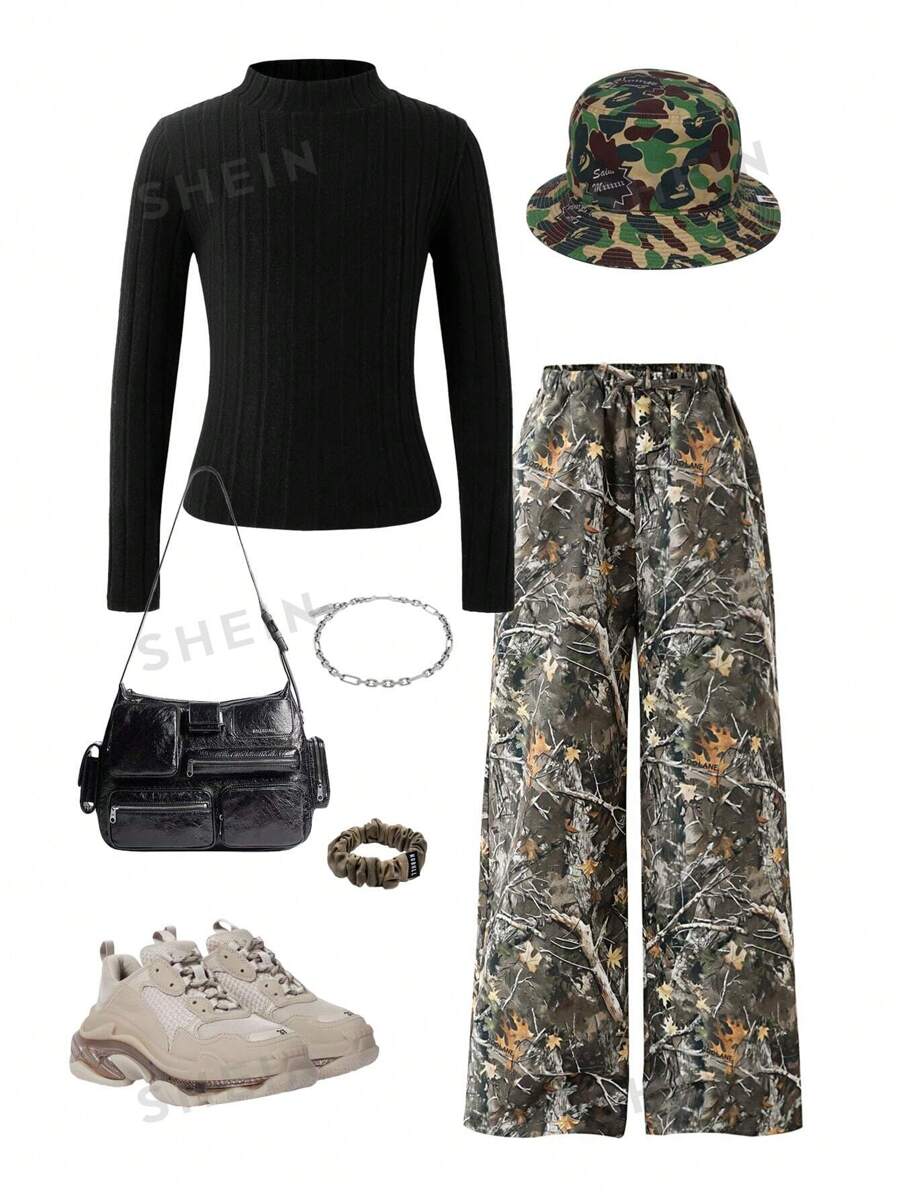 SHEIN EZwear 2 buc/Set femei, negru, tricotat cu nervuri, cu guler, cu mâneci lungi și cu imprimeu Camo, cu talie elastică, pantaloni lați, îmbrăcăminte confortabilă pentru toamnă/iarnă