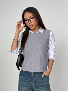 SHEIN Unity 女士休闲百搭圆领针织无袖灰色毛衣背心 - 灰色 - 查看 5