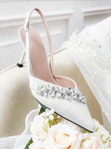 CUCCOO HITCHD Dây chuyền chuỗi đá Rhinestone Giày cao gót cô dâu thanh lịch, Giày cao gót mũi nhọn, Giày cưới bằng vải satin trắng khoét rỗng cho cô dâu và phù dâu ngày lễ tình nhân - trắng - Xem 10