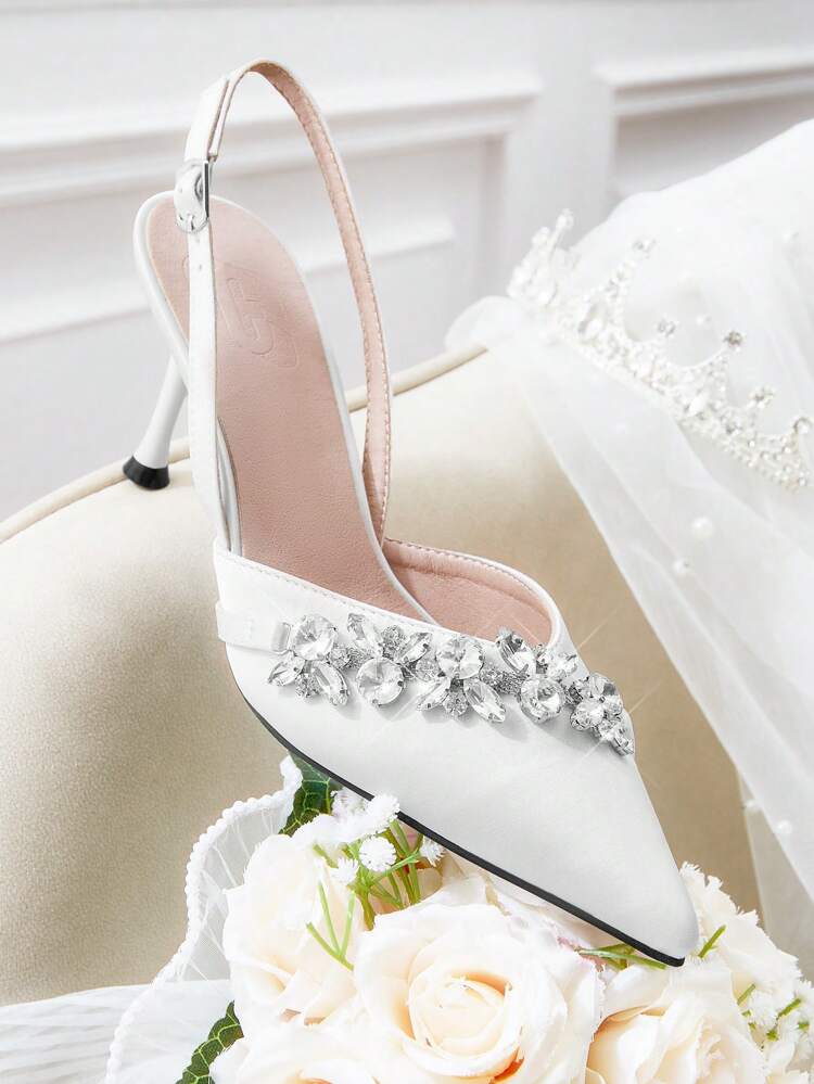CUCCOO HITCHD Collier chaîne de strass élégant, escarpins à talons hauts de mariée, stilettos à bout pointu, chaussures de mariage en satin blanc ajouré pour la mariée et la demoiselle d'honneur, Jour de la Saint-Valentin